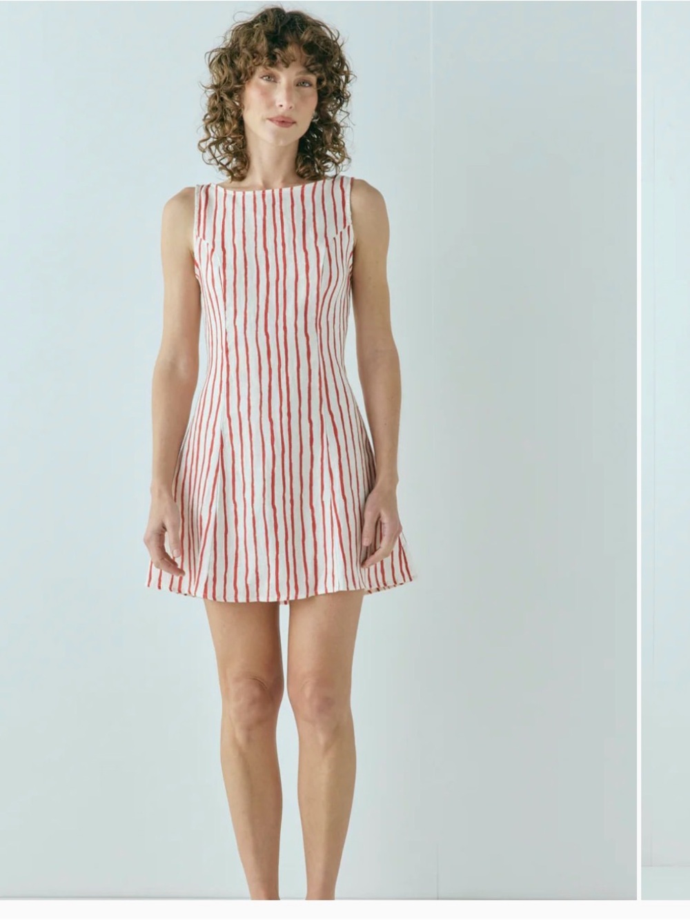 Sleeveless White Dress with Red Vertical Stripes linen VRG GRL